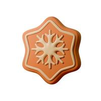 3D illustration of a gingerbread cookie shaped like a star with a snowflake design on top. The festive treat features warm brown and cream tones, ideal for holiday themes, baking designs vector