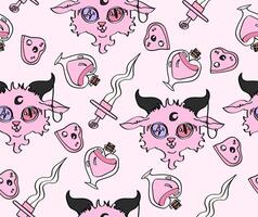 Pink halloween witchy seamless pattern with goat head, potion bottle and dagger. vector