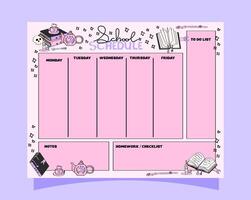 School schedule with magical spell books elements. School timetable for daily, weekly and monthly planning. vector
