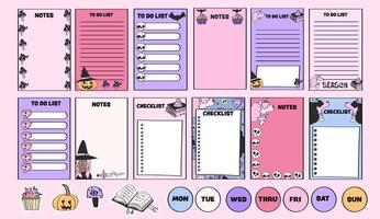 Cute notepad pages for weekly and daily planning with checklists, to do lists, notes and stickers. vector