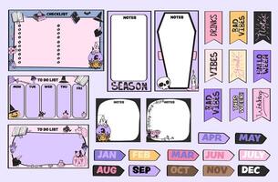 Collection of halloween themed planner stickers, sticky notes, and memo notepad pages for daily or weekly planning. vector