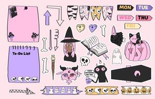 Collection of halloween themed planner stickers and memo notepad pages for daily or weekly planning. vector
