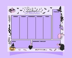 School schedule with halloween witch graphics. School timetable for daily, weekly and monthly planning. vector