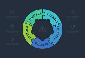 Puzzle infographic with 5 elements, presentations, illustration. Template for web on a black background. vector