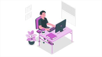 masculino escritório trabalhador trabalhando dentro frente do dele computador mesa 2d desenho animado animação video