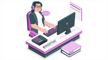 Woman in Reception Working on Computer and Answering Questions 2D Cartoon Animation video