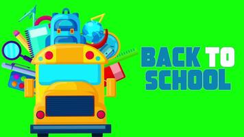 School Bus Moving to the School with Back to School Text 2D Cartoon Animation on Greenscreen video