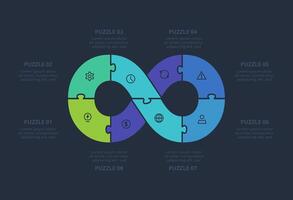 Puzzle infographic with 8 elements, presentations, illustration. Template for web on a black background. vector