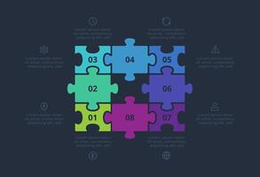 Puzzle infographic with 8 elements, presentations, illustration. Template for web on a black background. vector