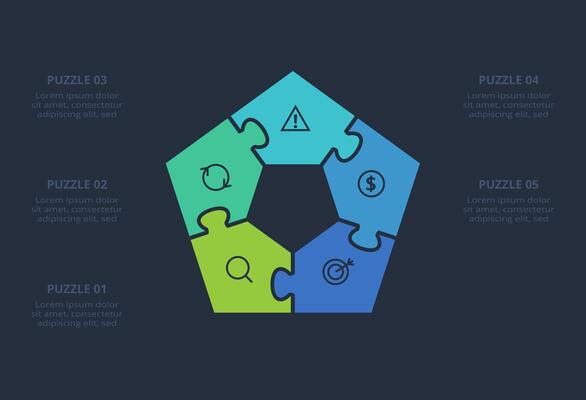 Puzzle infographic with 5 elements, presentations, illustration. Template for web on a black background.
