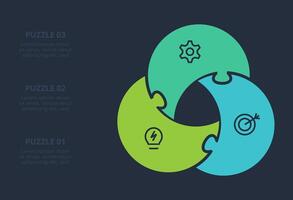 Puzzle infographic with 3 elements, presentations, illustration. Template for web on a black background. vector