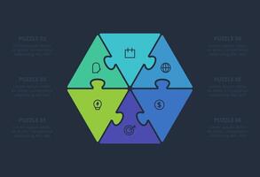 Puzzle infographic with 6 elements, presentations, illustration. Template for web on a black background. vector