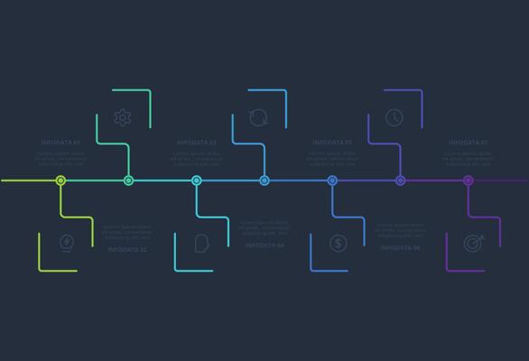 Line concept for infographic with 7 steps, options, parts or processes. Template for web on a black background.