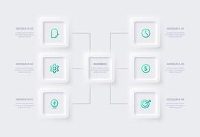 Neumorphic flowchart infographic. Creative concept for infographic with 6 steps, options, parts or processes. Template for diagram, graph, presentation and chart. vector