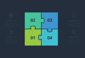 Puzzle infographic with 4 elements, presentations, illustration. Template for web on a black background. vector