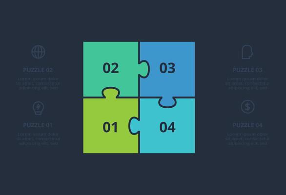 Puzzle infographic with 4 elements, presentations, illustration. Template for web on a black background.