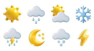 Realistic 3D Blue Cloud with rain and sun. Cute Cartoon Design Isolated on White Background. Weather Illustration concept render objects for Holiday poster, flyer brochure and template. vector