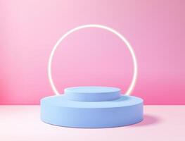 Realistic 3D blue circle platform podium or pedestal on pink background with shadow. Empty space for product display presentation. Minimalistic mockup with copy space . Stage showcase design vector