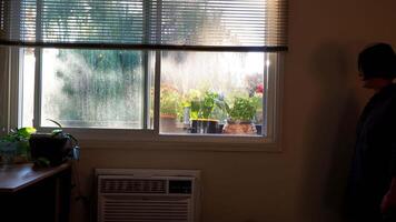 a woman standing in front of a window with plants on balcony video