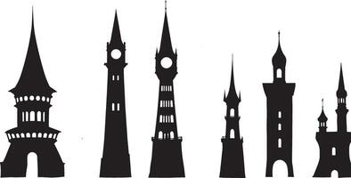 A set of silhouettes of different types of towers vector