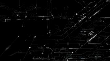 A black and white image of a futuristic computer screen video