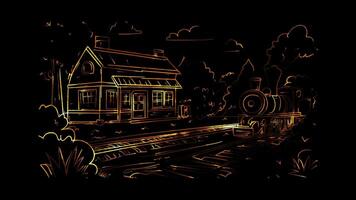 Neon frame effect, train departing on black background video