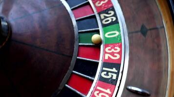 A close-up view of a vintage roulette wheel, the ball resting in a slot, capturing the timeless allure of a classic casino game video
