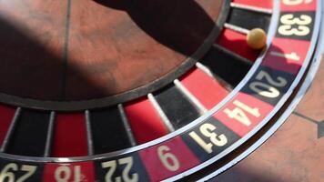 A close-up view of a vintage roulette wheel, the ball resting in a slot, capturing the timeless allure of a classic casino game video