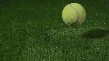 Super Slow Motion Shot of tennis ball and tennis racket at 1000 fps at natural grass during rain. Sport concept super slow motion shot on high speed camera 1000 fps. video
