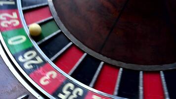 A close-up view of an old roulette wheel spinning, showcasing its classic design and the thrill of the game video