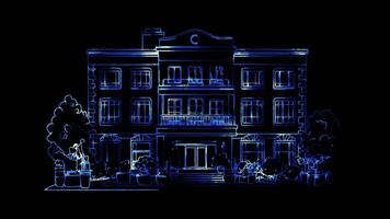 Neon frame effect, Hotel building on black background video