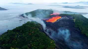 vulcão erupção e lava fluxo em a único ilha topografia com distinto características video