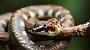 A closeup photograph showcasing a beautiful python gracefully coiled around a branch video