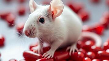 A White Mouse Surrounded by Red Capsules Displayed on Its Surface for Scientific Analysis video