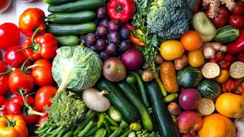 Sortiment von frisch Gemüse einschließlich Tomaten, Pfeffer, Gurken, Kohl, und Brokkoli gelegt aus im ein bunt Anzeige. video