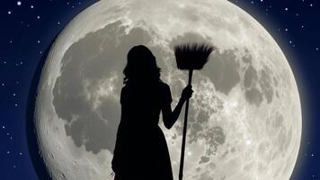 A mystical silhouette stands against a glowing full moon, creating a beautiful atmosphere video