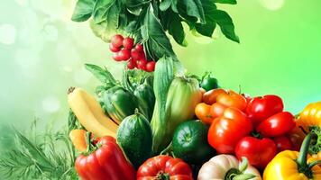 A colorful collection of fresh, organic vegetables including peppers, zucchini, tomatoes, and cucumbers with a natural green background. video