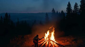 A beautifully set campfire in the wilderness during the tranquil and serene dusk hours video
