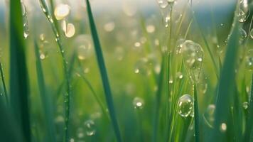 Dewdrops Resting Gently on Fresh Green Grass Illuminated by the Soft Morning Light video
