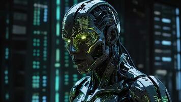 A Futuristic Cybernetic Figure that features Luminous Elements and cuttingedge technology video