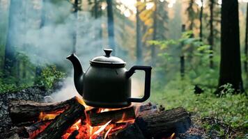 A black kettle heating over a campfire in the middle of a serene forest scene. video