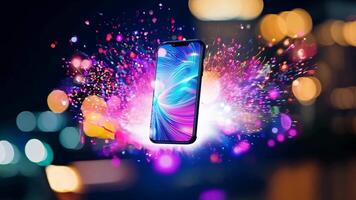 A Floating Smartphone with Beautiful and Abstract Colorful Effects, Captivating at Night video