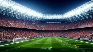 a interior do a estádio preenchidas com a entusiasmado multidão e brilhante, deslumbrante luzes video