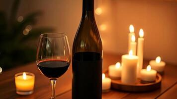 A cozy, romantic setting with a bottle of wine and a glass, surrounded by softly glowing candles. video