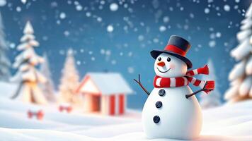 A cheerful snowman with a scarf and hat standing in a snowy forest during a peaceful winter snowfall. video