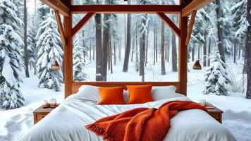 A warm and inviting bed with orange blankets, set against a stunning snowy forest backdrop, creating a cozy winter retreat. video