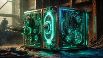 A highly detailed futuristic device with neon glowing elements, set in an industrial environment. video