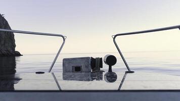 Landscape with sea, mountains and wave from boat in the nice summer day. Shot. View from the shipboard of the calm beautiful sea, steep rocks and evening blue clear sky. photo