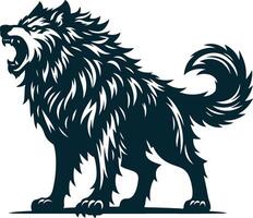A wolf with its mouth open and its tail raised vector