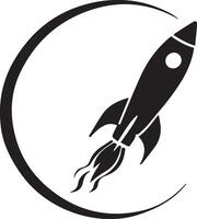 A black and white logo of a rocket flying through the moon vector
